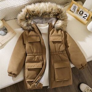 Cozy Brown Fur Hooded Kids Puffer Jacket